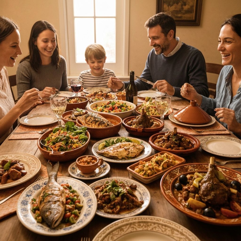 Family dining with Mediterranean food